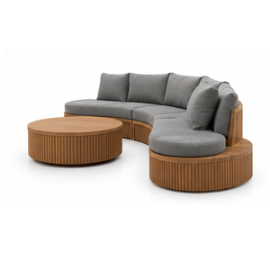 Solid Teak Wood Curved Outdoor Sofa Set with Gray Cushions and <b>Round</b> Coffee <b>Table</b> for <b>Patio</b> Garden Poolside Hotel Resort - Product Image 3