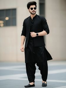 <b>Men</b> Black Cotton <b>Kurta</b> Pajama Waistcoat Set Traditional Shalwar Kameez Regular Fit Floor Length Casual Wear India Pakistan Style - Product Image 2