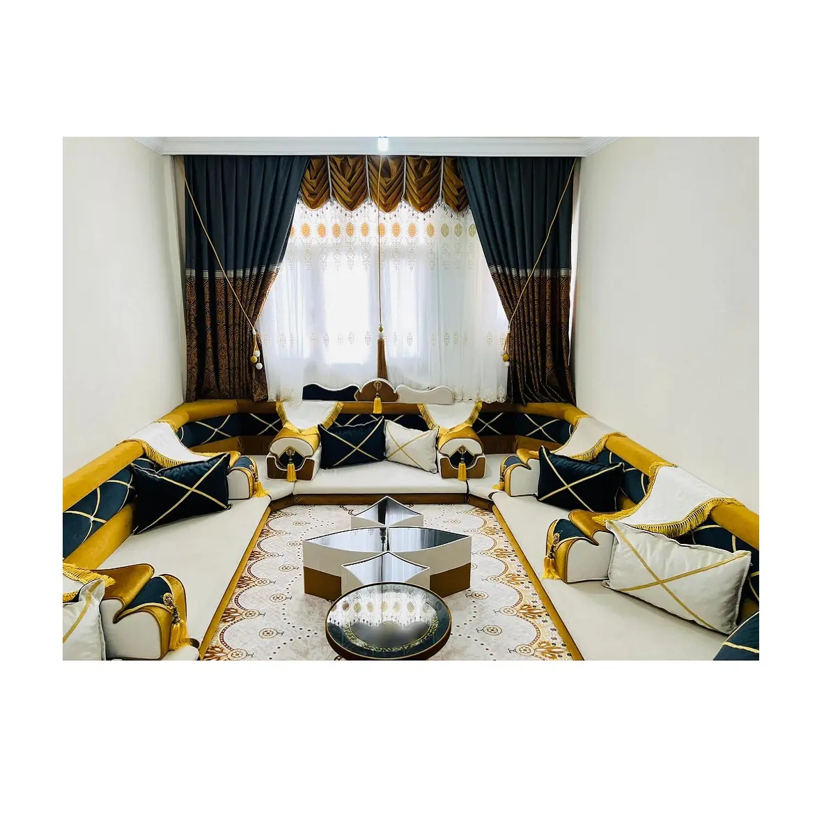 Ottoman estilo sofá árabe matrimónio oriental andar | sentado altura 15cm | sofá + tapete de lã + cortina + conjunto de mesa cheio