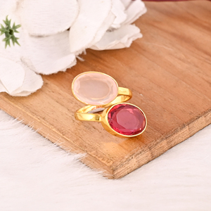 Anillo de Piedras Preciosas Hidroprocesadas de Calcedonia Rosa y Turmalina Rosa, Joyería de Latón Elegante para Mujer - Product Image 2