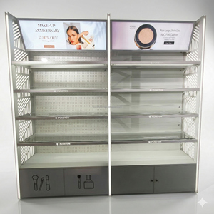 現代的な薬局陳列棚、白い金属製トイレタリー陳列スタンド（ライトボックス付き）、ドラッグストアや医療ショップ向け - Product Image 1
