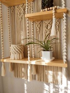 Premium Red Wine Color Macrame Wall Hanging Shelf With Wooden Base For Cafe Or Boutique Display Shelf For Styling Products - Product Image 2