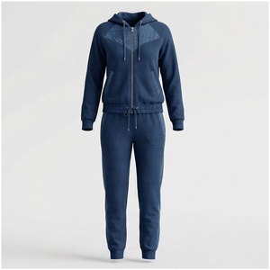 Women's Navy Blue Hooded Tracksuit <b>Full</b> <b>Zip</b> <b>Sweatshirt</b> & Jogger Pants Set Casual Solid Color Breathable Midweight Polyester - Product Image 1