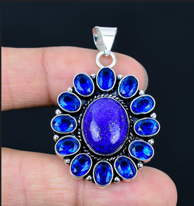 Pendentif fleur en pierre de lapis-lazuli, collier floral, pendentif fait main, bijoux pour femmes - Product Image 1