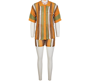 Ensemble 2 pièces tricoté rayé pour femme, col rabattu, manches courtes, coupe ample, respirant, printemps-été, tenue décontractée - Product Image 6