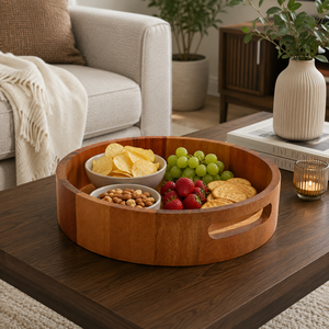 Plateau de service rond en bois de qualité supérieure avec poignées découpées |   Plateau rustique en acacia pour le petit-déjeuner, décoration pour la maison, l'hôtel et le restaurant - Product Image 4