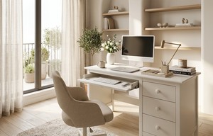Modern White Beech Wood Adjustable Executive Computer <b>Desk</b> with 3-Drawer Storage <b>Cabinet</b> for Home Office Furniture - Product Image 5