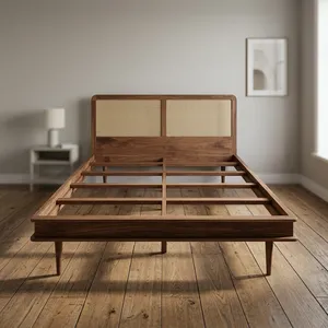 Cadre de lit en bois massif de style Mid-Century Modern, lit plateforme avec tête de lit en rotin, meubles de chambre à coucher - Product Image 4