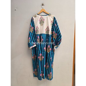 Robe midi bohème à rayures florales avec manches lanternes, col noué, coupe ample, 100% coton tissé, robe décontractée d'été - Product Image 6