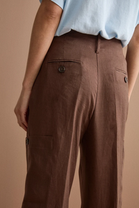 <span class=keywords><strong>Pantaloni</strong></span> da Donna a Gamba Larga, Vita Alta, Eleganti per Ufficio, Personalizzati, Marrone Scuro, Plissettati, in <span class=keywords><strong>Lino</strong></span>, Stile Cargo - Product Image 4
