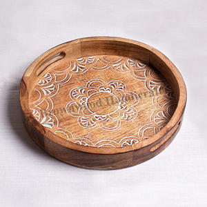 <b>Hand</b> Carved Round Wooden Tray Mango Wood Serving Tray with Handles Indian Manufacturer Hotels Restaurant and Home Use Decor Tray - Product Image 3