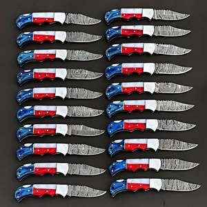 Lot of Damascus Steel Folding <b>Knives</b> American Theme Back <b>Lock</b> EDC Pocket <b>Knives</b> Wholesale Pack with Leather Sheath - Product Image 6