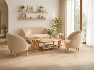 Conjunto de Sofá Moderno de Madera Curvada con Tapicería Beige, Diseño Escandinavo para Sala de Estar, Acabado Mate Ecológico - Product Image 2