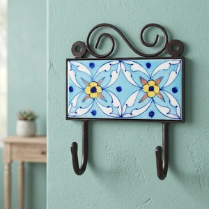 Ceramic Tile <b>Wall</b> Hook <b>Flower</b> Pattern 2 Hooks Vintage Style Handmade Eco-Friendly Waterproof Adjustable Self-adhesive Decorative - Product Image 3