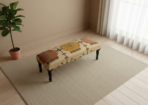 Banco Kilim de Yute y Lana Hecho a Mano con Patas de Madera Maciza – Banco Otomano Tapizado de Lujo - Product Image 3