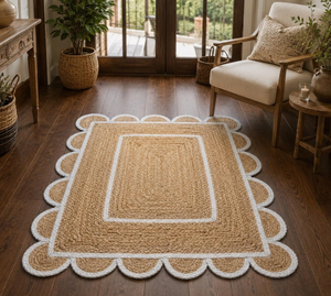 Custom Size Green <b>Scalloped</b> Border Jute Area <b>Rug</b> Handmade Woven Farmhouse Boho Living Room Entryway Carpet Natural - Product Image 1