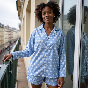 Ensemble PJ cœur bleu exquis fabriqué à la main pour les femmes Whispers of Timeless Craft Vêtements de nuit Grace sans effort comprenant une chemise courte - Product Image 4