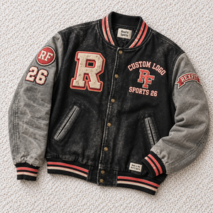 Blouson universitaire en chenille lavée personnalisé unisexe avec grandes lettres brodées, badges sur les manches, boutons-pression, style streetwear, étiquette personnalisée - Product Image 2