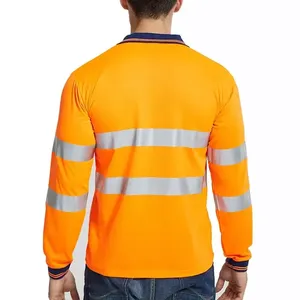 Polo à manches longues haute visibilité pour homme, orange avec bandes réfléchissantes, vêtements de travail - Product Image 2