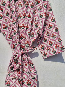 Geometric Floral Print Cotton <b>Kimono</b> Robe Women <b>Beach</b> Cover Up Lightweight Lounge Wear Bathrobe Casual Wrap Dress - Product Image 3