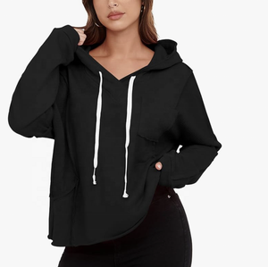 เสื้อกันหนาวสวมหัวแขนยาวคอวีสำหรับผู้หญิง, เสื้อถักวาฟเฟิลเย็บปะมีฮู้ดโอเวอร์ไซส์สไตล์สตรีทแวร์สำหรับฤดูใบไม้ร่วงฤดูหนาว - Product Image 2