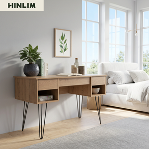 Modern Oak Wood <b>Console</b> <b>Table</b> with Metal Hairpin Legs Minimalist Design <b>Storage</b> Drawers for Home Office Furniture - Product Image 6