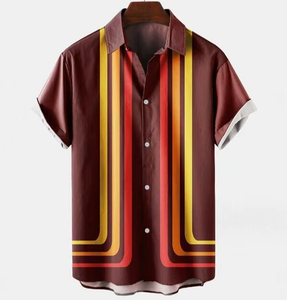 Chemise Hawaïenne Décontractée d'Été pour Hommes en Gros, 100% Polyester, Imprimée à Rayures, Séchage Rapide, Manches Courtes, Haut de Plage Tricoté - Product Image 1