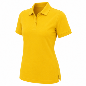 Chemise pour femme, couleur unie, manches courtes, col rabattu, décontractée, tissée, 100% polyester, jaune, coupe ajustée, longueur normale, écologique - Product Image 5