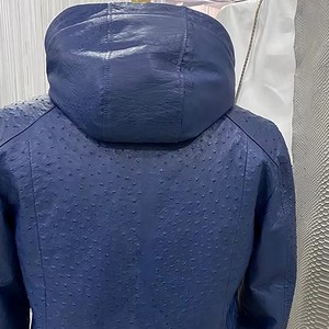 Elegant Blue Men's Premium Genuine Cowhide Leather Ostrich Embossed Jacket Detachable Hooded Sample Service Customization - Product Image 3