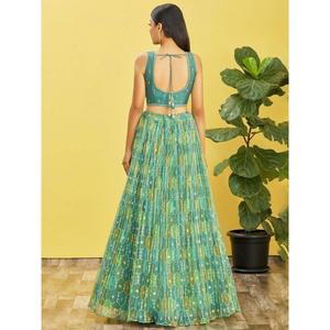 Lehenga choli ผ้าโปร่งสำหรับงานแต่งงานกระจกสีเขียวน้ำทะเลที่สวยงาม - Product Image 3