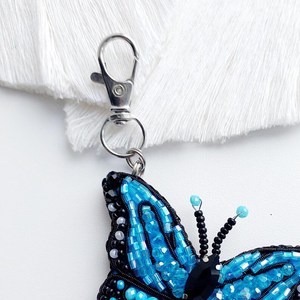 Hand-Embroidered Blue Beaded Butterfly Charm Keychain, <b>Crystal</b> Bag Accessory - Product Image 1
