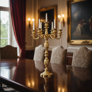 Candelabro alto de metal con diseño en relieve, 5 brazos para velas, acabado dorado, decoración para suelo y entrada, candelabro hecho a mano. - Product Image 2