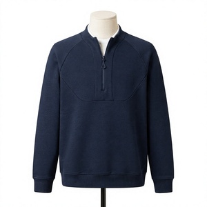 Men's <b>Navy</b> Quarter Zip <b>Sweatshirt</b> Raglan Sleeve Stand Collar Solid Regular Fit Pullover - Product Image 1