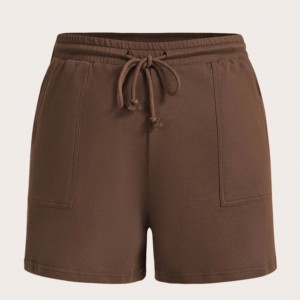 Shorts de Cintura Alta de Lona Tejida con Detalle de Botones, Color Sólido, Transpirables, Cintura Elástica, Casuales para Mujer - Product Image 6