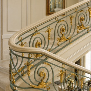 Luxury Sage Green Gold Ornate Stair <b>Railing</b> Curved Wrought Iron Balustrade for Villa Mansion Interior Decor - Product Image 3