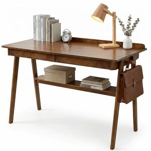 Scrivania Moderna Stile Mid-Century con 2 Cassetti e Ripiano Portaoggetti in Legno Massello e MDF per Ufficio Domestico e Spazi Ridotti, Ideale per Hotel - Product Image 2