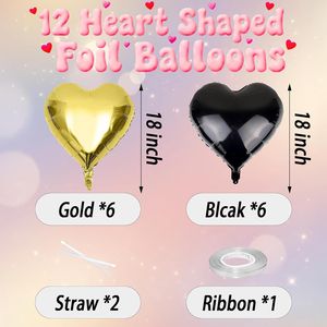 12 Palloncini a Forma di Cuore in Foil Nero e Oro da 18 Pollici per Feste di Compleanno o Addio al Nubilato - Product Image 3