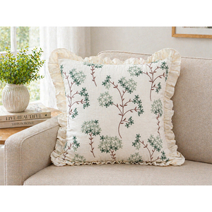 Luxury Square Floral Embroidery Linen Throw Pillow Cover <b>with</b> Decorative Ruffle Edge for Home & Hotel Use - Product Image 4