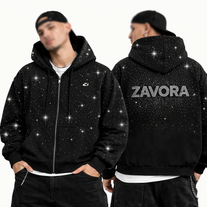 เสื้อฮู้ดซิปผ้าฝ้ายฟลีซหนาน้ำหนัก 300 กรัม ประดับเพชรเต็มตัว ทรงโอเวอร์ไซส์ สไตล์สตรีทแวร์ สำหรับผู้ชาย แบรนด์ ZAVORA รับผลิตเสื้อผ้าจำนวนมาก - Product Image 1
