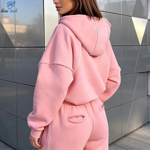 Custom Logo Women's Fleece <b>Tracksuit</b> <b>Set</b> <b>Pink</b> Zip Up Hoodie Loose Fit Sweatpants OEM ODM Sportswear Factory Wholesale - Product Image 4