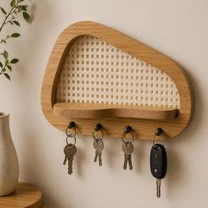 Natural Wooden <b>Key</b> <b>Hanger</b> Wall Organizer with Modern Multifunction Design 23x21cm for Living Room Kitchen Bathroom Office Decor - Product Image 1
