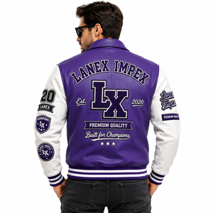Custom Purple <b>White</b> Leather Varsity <b>Jacket</b> for <b>Men</b> Premium Letterman Bomber <b>Jacket</b> with Chenille Embroidered Patches OEM ODM - Product Image 4