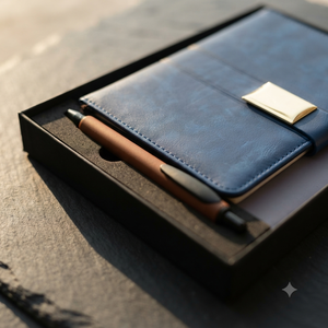 Ensemble cadeau de stylo à bille et carnet relié en velours PU bleu Aurelux Premium, 192 pages, fermeture à boucle, carnet élégant, professionnel - Product Image 5