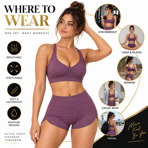 Women's Fitness 2-Piece Set Deep V Neck Halter Sports Bra Stretch High Waist Lifting <b>Hip</b> Workout Shorts - Product Image 4