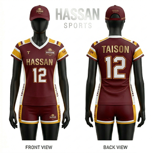 Ensemble de maillots de volley-ball pour femmes, 180 GSM, polyester interlock premium, élasthanne, panneaux marron, impression par sublimation personnalisée, uniforme de volley-ball - Product Image 3