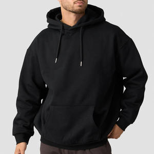 Sweat à capuche noir uni de haute qualité, imprimé avec logo personnalisé, en molleton 430 g/m², écologique, coupe ample, épaules tombantes, fabriqué par un fabricant - Product Image 1