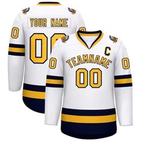 Jersey Hoki Es Kustom Putih/Kuning Kerah V Lengan Pendek Cetak Transfer Panas Nama Tim Kustom Nomor Penyerap Kelembapan 100%