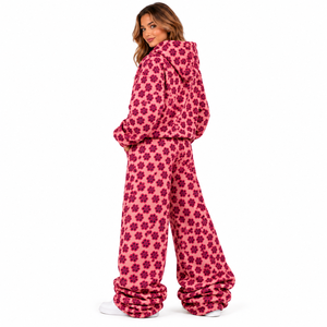 Ensemble de survêtement en molleton à imprimé floral rose pour femmes, sweat-shirt à capuche, pantalon large à jambes larges, tenue de détente en 2 pièces - Product Image 2