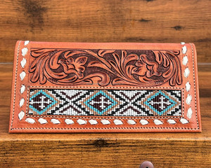 <b>Men's</b> High Quality Personalized Hand Tooled <b>Leather</b> Beaded Long Wallet <b>Purse</b> Cow <b>Leather</b> Bifold Credit Card Wallets with Pockets - Product Image 2