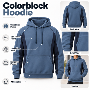 Sudadera con capucha de paneles cortados y cosidos para hombre, estilo atlético moderno, con paneles laterales en contraste, bolsillo canguro, personalizada para equipos, de fábrica. - Product Image 6